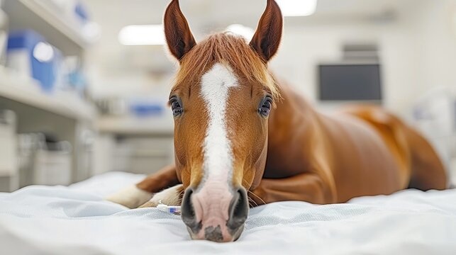 Chestnut Horse Resting on Examination Table at Veterinary Clinic