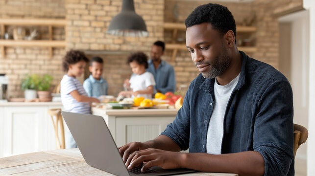 Modern Black Father Working from Home with Family Cooking Nearby