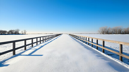 Snowy Country Road With Wooden Fence Under Clear Blue Sky