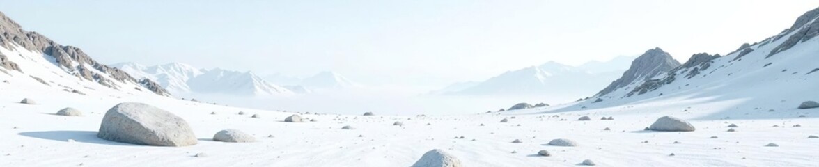 An empty and bare mountain with a few scattered rocks on white ground, environment, desolation