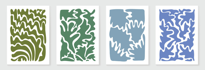 Botanical doodle background art vector set. Flower and leaves abstract shape doodle art design for print, wallpaper, clipart, wall art for home decoration.