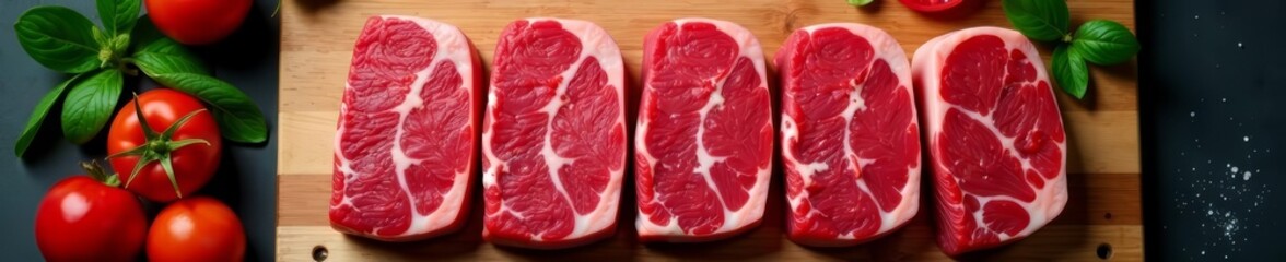 Top view of raw kobe beef steaks on a wooden cutting board, high-end, expensive, preparation