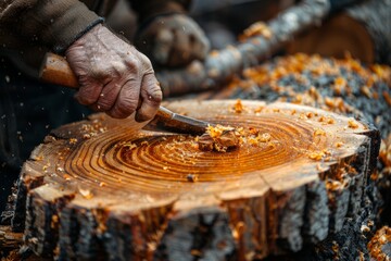 Crafting a wooden sculpture by hand with attention to detail and skill in an outdoor setting