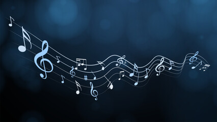 Colorful music notes with bokeh banner and poster design backdrop. Music notes background. Abstract Music Notes and Wavy Background.