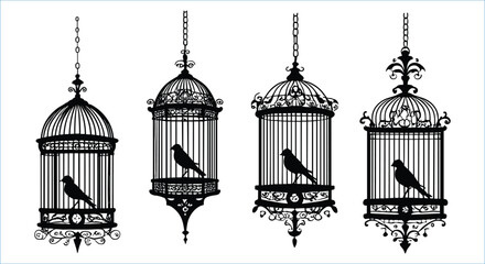 Black birdcage and bird silhouettes vector art. Bird cages and bird silhouettes vector icons