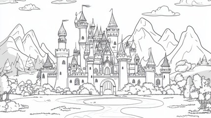 Naklejka premium A detailed line drawing of a castle set in a scenic landscape, surrounded by trees and mountains, evoking a fairytale atmosphere.
