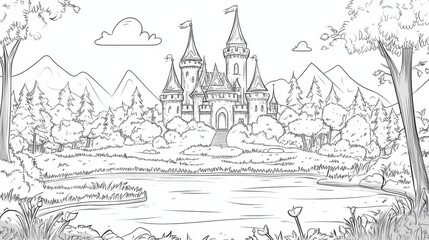 Obraz premium A detailed line drawing of a castle set in a scenic landscape, surrounded by trees and mountains, evoking a fairytale atmosphere.