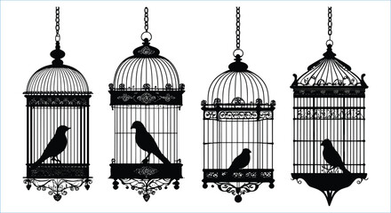 Black birdcage and bird silhouettes vector art. Bird cages and bird silhouettes vector icons