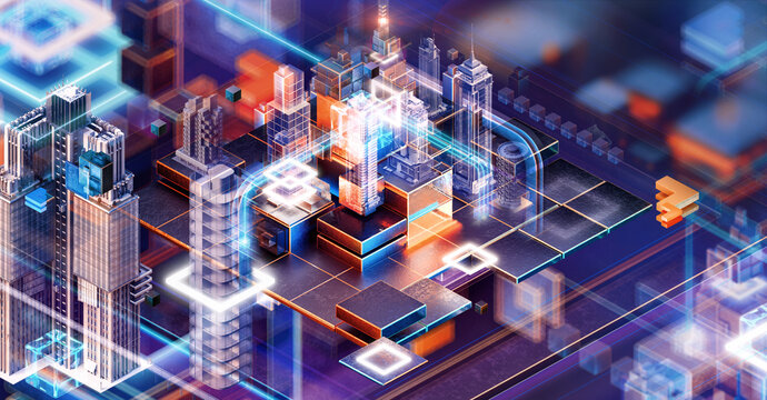 Smart cyber city technology, 3D hub. Urban planning, digital high-tech infrastructure, IoT, intelligent connectivity. Skyscrapers, metropolis data driven architecture AI-powered city buildings network