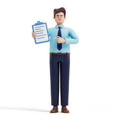 Man holding document, gesturing, symbolizes explanation or presentation of information. 3D rendering, conceptual image. Isolated on white background.