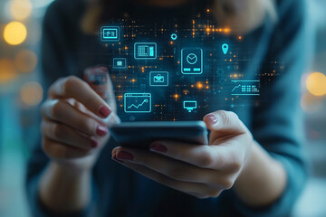 A person makes an online payment using a smartphone, surrounded by digital banking icons. Modern technology background emphasizing mobile banking, fintech, and secure digital transactions.

