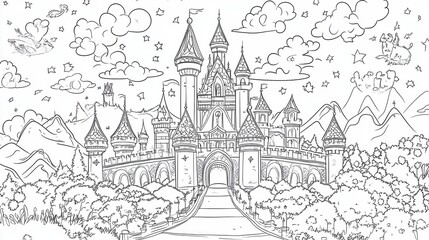 Naklejka premium A detailed line drawing of a castle set in a scenic landscape, surrounded by trees and mountains, evoking a fairytale atmosphere.