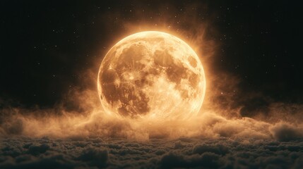 Obraz premium Majestic Full Moon Illuminating Dreamy Clouds at Night, Ethereal Glow with Soft Golden Hues, Creating a Mysterious and Tranquil Atmosphere, Stunning Atmospheric Effects in a Fantasy Style