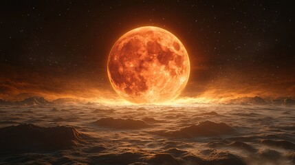 Stunning Digital Artwork of a Glowing Blood Moon Rising Over a Mystical Ocean Horizon with Dramatic Clouds and Stars, Evoking a Sense of Wonder and Tranquility in a Surreal Landscape