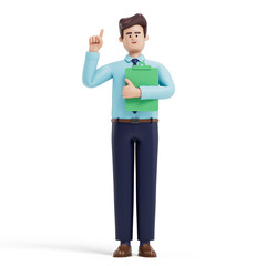 Man with green folder, pointing upwards, symbolizes new ideas or initiatives. 3D rendering, conceptual image. Isolated on white background.