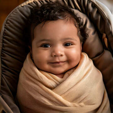 Smiling Hispanic newborn wrapped in swaddle in a cozy cradle, Reci&eacute;n nacido hispano sonriendo envuelto en una manta en una cuna acogedora, Generated Image