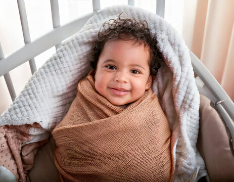 Smiling Hispanic newborn wrapped in swaddle in a cozy cradle, Reci&eacute;n nacido hispano sonriendo envuelto en una manta en una cuna acogedora, Generated Image