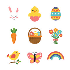 Easter Delight: An array of springtime icons come together in a vibrant illustration, celebrating the joy and renewal of the season. Features of this festive composition include easter egg.