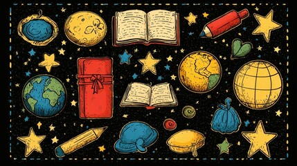 Celestial Bookish Adventure: A Whimsical Illustration of Books, Planets, and Stars