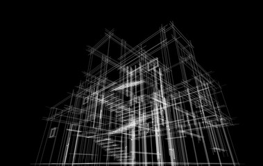 Architectural sketch of modern building 3d rendering