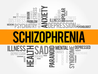 Schizophrenia - a serious mental disorder that affects how a person thinks, feels, and behaves, word cloud concept background