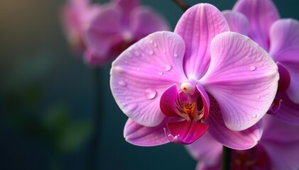 Obraz premium Water droplets glisten on delicate pink orchid petals, botanical, water droplets
