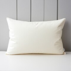 Rectangular Creamy Pillow on a Crisp White Surface, Backgrounded by Minimalist Grey Paneling, Suggesting Simplicity and Tranquility.