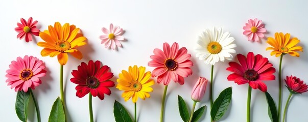 Vibrant arrangement of assorted flowers on plain white backdrop, colorful,  fresh