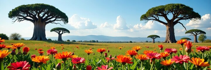 Vibrant array of African daisies, exotic orchids, and towering baobab trees in Tanzanian landscape,  landscape,  African daisies