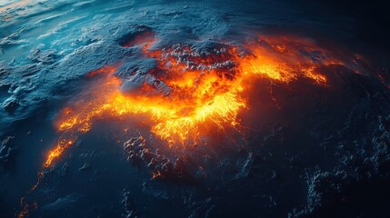 Fototapeta premium Aerial View of the Fiery Lava Eruption Surrounded by Dramatic Clouds Capturing the Raw Natural Power and Intensity of Volcanoes in a Stunning High-Resolution Image