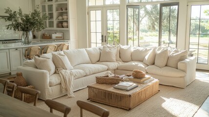 Obraz premium Sunlit living room showcasing a soft sectional sofa, cozy accents, and an open, airy design.