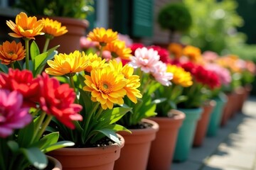 Vibrant assortment of flowers in colorful pots displayed in a sunny garden setting,  outdoor,  spring