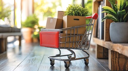 Shopping cart filled with boxes, plants