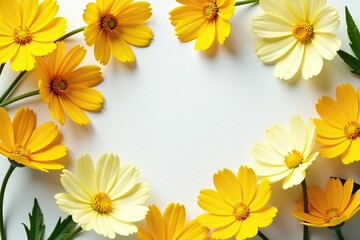 Obraz premium Yellow cosmos flowers arranged in a flat lay postcard style, cosmos, flowers