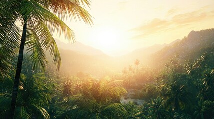 Obraz premium The last rays of sunlight casting warm hues over a tropical mountain landscape, palm trees swaying in the breeze.
