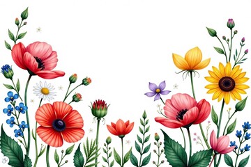 Watercolor illustration of a vibrant bouquet featuring poppy, chamomile, cornflower, clover, anemone, and sunflower wildflowers,  vibrant,  wildflowers
