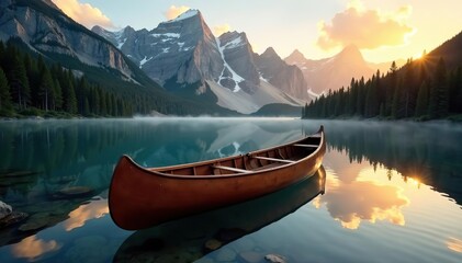 Obraz premium Wood canoe resting on the calm waters of Bowman Lake, with the first light of sunrise casting a golden glow on the surrounding mountains and pine trees, sunrise, reflection