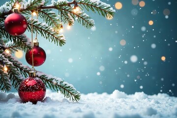 Obraz premium White Christmas background with snowy fir branches, red ornaments, and twinkling lights, holiday, decorations