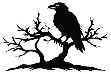 Raven bird silhouette on a dead tree branch