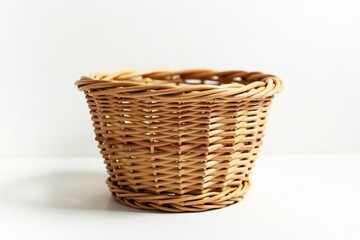 Obraz premium Wicker basket with intricate weave pattern on clean white background, storage, pattern