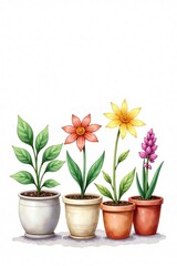 Watercolor illustration of five potted plants with diverse flowers on a clean white backdrop,  illustration,  potted plants