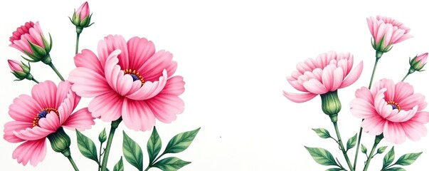Obraz premium Watercolor illustration of pink carnations with green leaves, colorful, floral