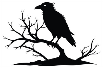 Raven bird silhouette on a dead tree branch