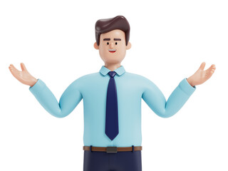 Man with open arms, symbolizing openness, acceptance, or problem-solving. 3D rendering, conceptual image. Isolated on white background.