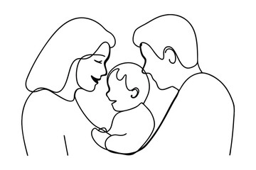 Minimalist Family Portrait Continuous Line Art Of Mother Father And Child In A Loving Embrace Showing Parenthood