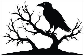 Raven bird silhouette on a dead tree branch
