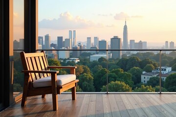 Obraz premium Wooden chair on balcony overlooking city skyline, serene and peaceful setting, city, serene