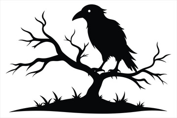 Raven bird silhouette on a dead tree branch
