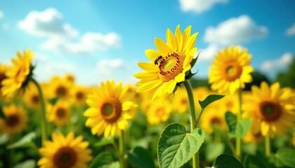 Fototapeta premium Vivid close-up of a field of bright yellow sunflowers under a clear blue sky with bees buzzing around, clear sky, pollen