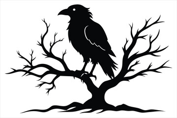 Raven bird silhouette on a dead tree branch